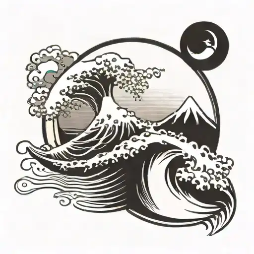 A wave breaking over a surfboard with a sunset in the background tattoo design idea