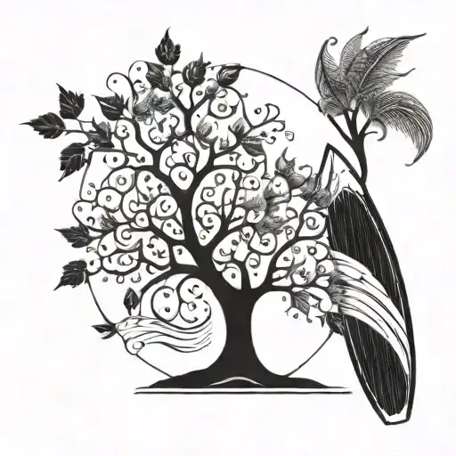 A family tree with surfboards as branches and waves as leaves tattoo design idea