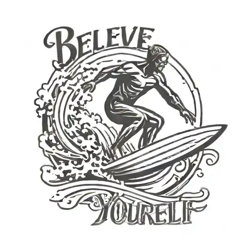 A silhouette of a person surfing a wave with the words 'believe in yourself' incorporated into the design tattoo design idea