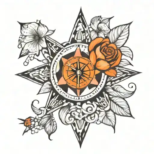Compass, a rose bud, a pink lotus and orange blossoms tattoo design idea