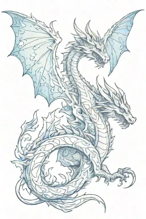 dragon with blue butterflies forming its shape surrounded by fire tattoo design idea