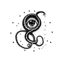 A gothic emo-inspired tattoo featuring a snake and an abstract eye in blackwork style. tattoo design idea