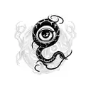 A gothic emo-inspired tattoo featuring a snake and an abstract eye in blackwork style. tattoo design idea