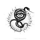 A gothic emo-inspired tattoo featuring a snake and an abstract eye in blackwork style. tattoo design idea
