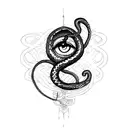 A gothic emo-inspired tattoo featuring a snake and an abstract eye in blackwork style. tattoo design idea