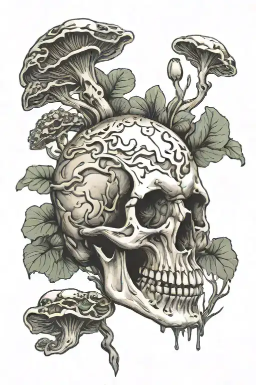skull with mushrooms growing inside tattoo design idea