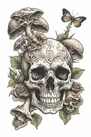 skull with mushrooms growing inside tattoo design idea