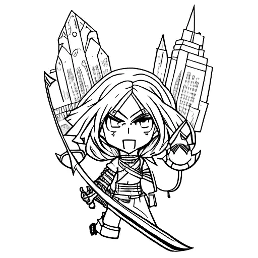 A fierce anime character wielding a magical sword in a post-apocalyptic cityscape tattoo design idea