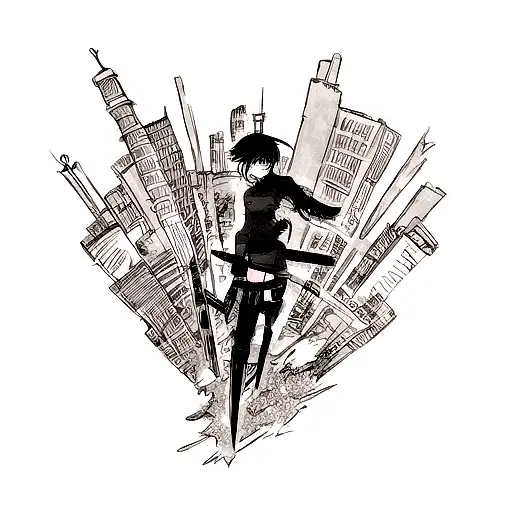 A fierce anime character wielding a magical sword in a post-apocalyptic cityscape tattoo design idea