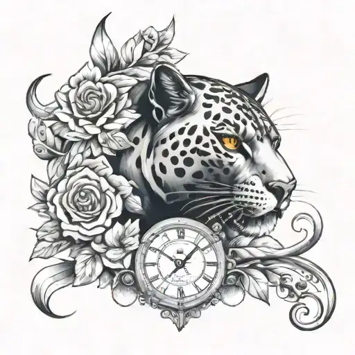 panther head with orange eyes in the background, guitar surrounded with monsetias, greek mythology, clock  tattoo design idea