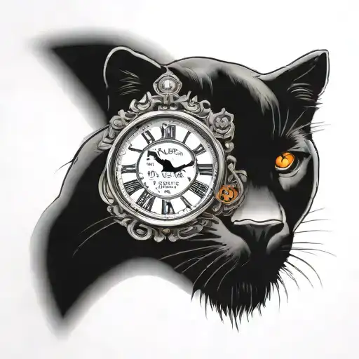 black panther head with orange eyes and a broken clock in the background,a guitar surrounded with ponsetias, greek colum tattoo design idea