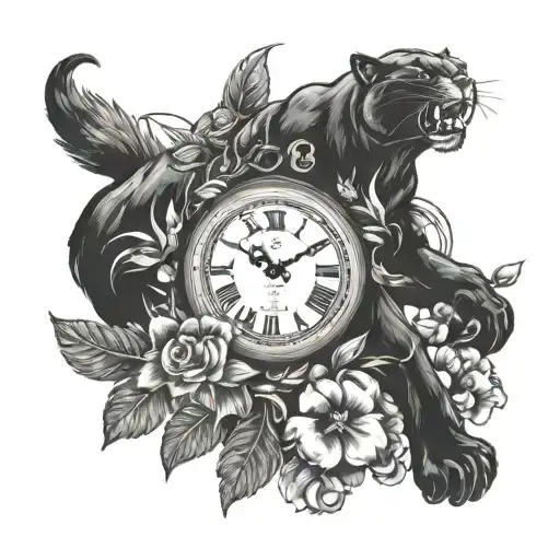 panther, ponsetias, guitar surrounded, greek mythology, clock  tattoo design idea