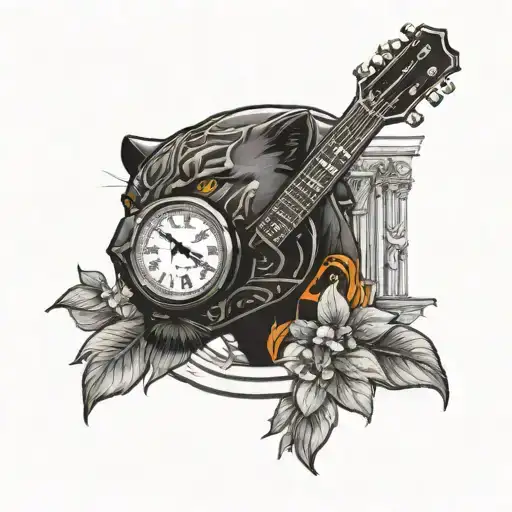 black panther head with orange eyes in the background, guitar surrounded with ponsetias, greek columns , clock  tattoo design idea