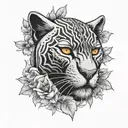 black panther head with orange eyes and a broken watch in the background,a guitar surrounded with ponsetias, greek colum tattoo design idea