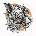 black panther head with orange eyes and a broken watch in the background,a guitar surrounded with ponsetias, greek colum tattoo design idea