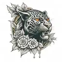 black panther head with orange eyes and a broken watch in the background,a guitar surrounded with ponsetias, greek colum tattoo design idea