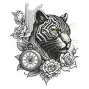 black panther head with orange eyes and a broken watch in the background,a guitar surrounded with ponsetias, greek colum tattoo design idea