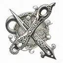 Scissors: Sketch of antique stylized scissors with eyes and ribbon tattoos with names or Chicano style lettering. The scissors look old and sharp, symbolizing the ability to cut bonds and free oneself. Eyes on scissors mean vigilance and determination. tattoo design idea