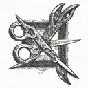 Scissors: Sketch of antique stylized scissors with eyes and ribbon tattoos with names or Chicano style lettering. The scissors look old and sharp, symbolizing the ability to cut bonds and free oneself. Eyes on scissors mean vigilance and determination. tattoo design idea