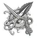 Scissors: Sketch of antique stylized scissors with eyes and ribbon tattoos with names or Chicano style lettering. The scissors look old and sharp, symbolizing the ability to cut bonds and free oneself. Eyes on scissors mean vigilance and determination. tattoo design idea