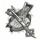 Scissors: Sketch of antique stylized scissors with eyes and ribbon tattoos with names or Chicano style lettering. The scissors look old and sharp, symbolizing the ability to cut bonds and free oneself. Eyes on scissors mean vigilance and determination. tattoo design idea