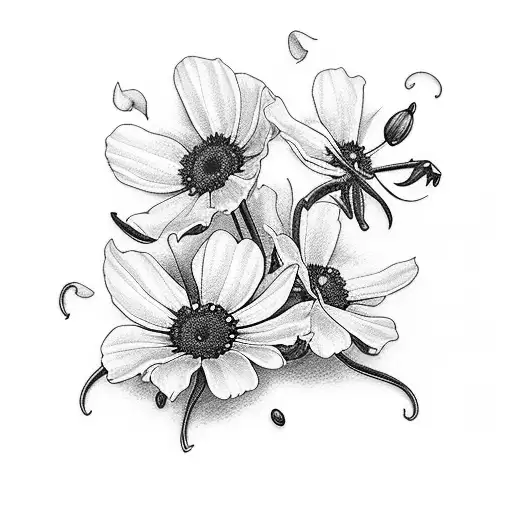 sleeve tattoo with sweet pea flower, daisy flowers, lily of the valley flowers and cosmos flowers, and oc tattoo design idea