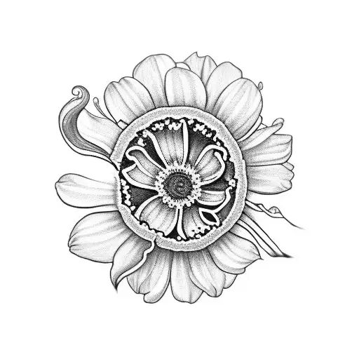 black and gray sleeve tattoo with sweet pea flower, daisy flowers, lily of the valley flowers and cosmos flowers, and oc tattoo design idea