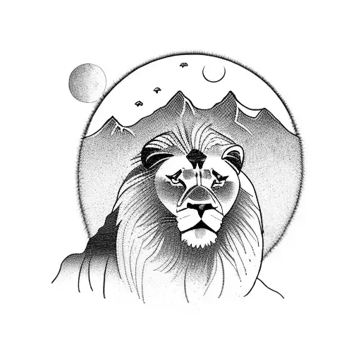 A breathtaking landscape scene featuring a majestic lion overlooking a vast mountain range, reflecting the client's love for both nature and their favorite animal. tattoo design idea