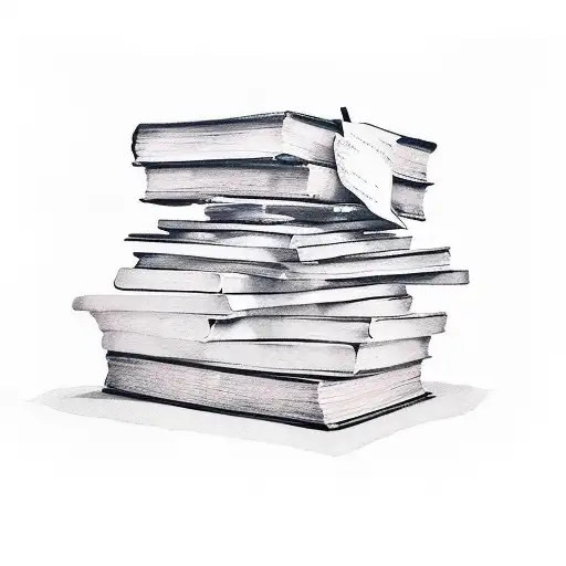 A creative minimalist tattoo of a stack of books with the title 'Pride and Prejudice' on the top book tattoo design idea