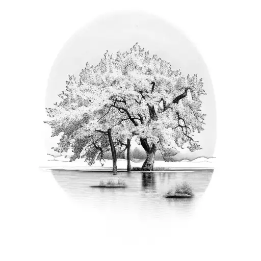 nature scene overlooking a lake with Ash tree, alder tree tattoo design idea