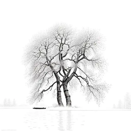 nature scene overlooking a lake with Ash tree, alder tree tattoo design idea