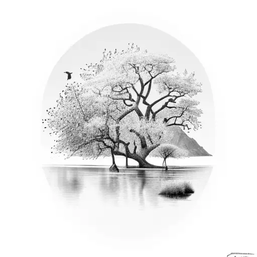 nature scene overlooking a lake with Ash tree, alder tree tattoo design idea