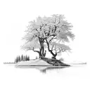 nature scene overlooking a lake with Ash tree, alder tree tattoo design idea