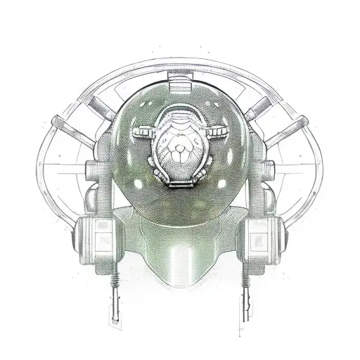 tortoise robot soldier with Kevlar helmet, steampunk vibes, muscular, green shell. flaming pipes. wires. brass fittings. tattoo design idea