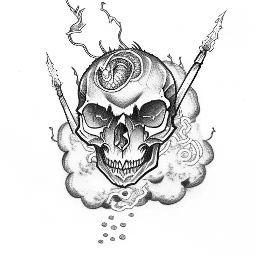 dragons in clouds, skull with candle, spider web on knee tattoo design idea