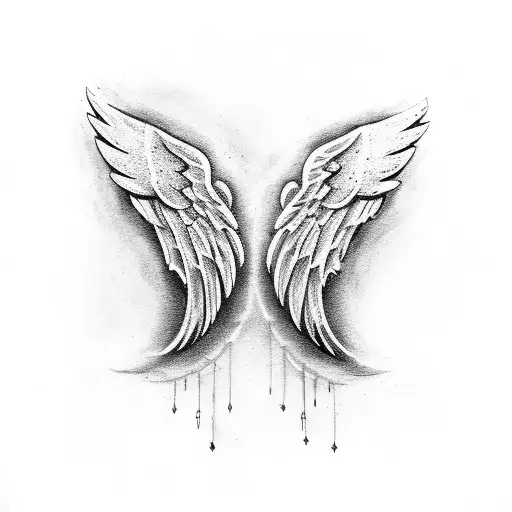 angel wings protecting a 3 person family , mom , dad , child  tattoo design idea