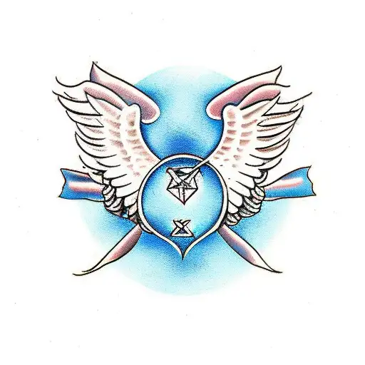 angel wings protecting a 3 person family , mom , dad , child  tattoo design idea