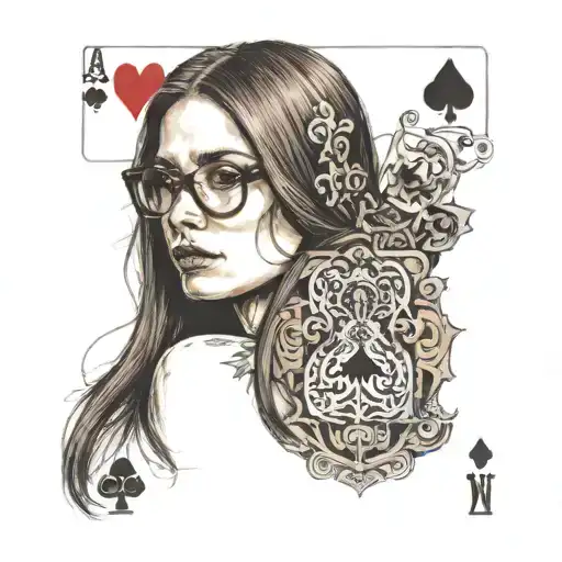 skinny girl in profile, very long aquiline nose, glasses, long straight brown hair, ace of spades card, having orgasm tattoo design idea