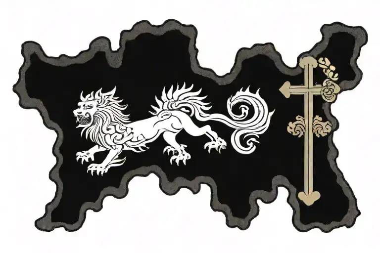 cross on a hill, rosary, virgin mary, chinese foo dog tattoo design idea