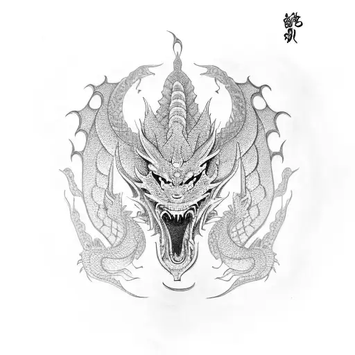 a Hanya mask on the background of a Japanese ornament, a dragon is also present tattoo design idea