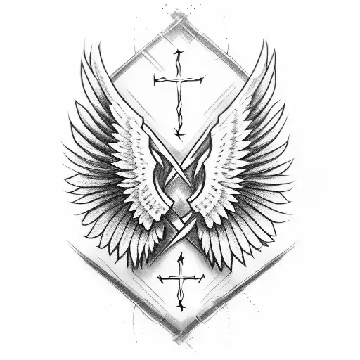 angel wings with cross MCMXCVIII tattoo design idea
