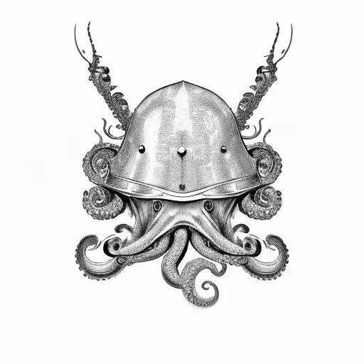 beautiful engraved armet helmet, octopus tentacles going around it, flowers on the backgroung tattoo design idea