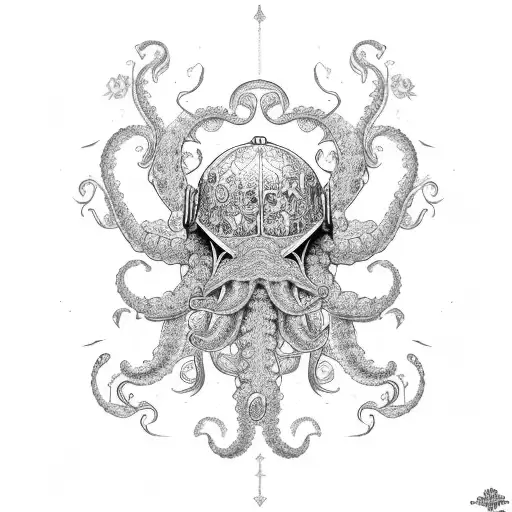 sleeve tattoo, beautiful engraved big helmet, octopus tentacles going around it and lots of flowers on the backgroung tattoo design idea