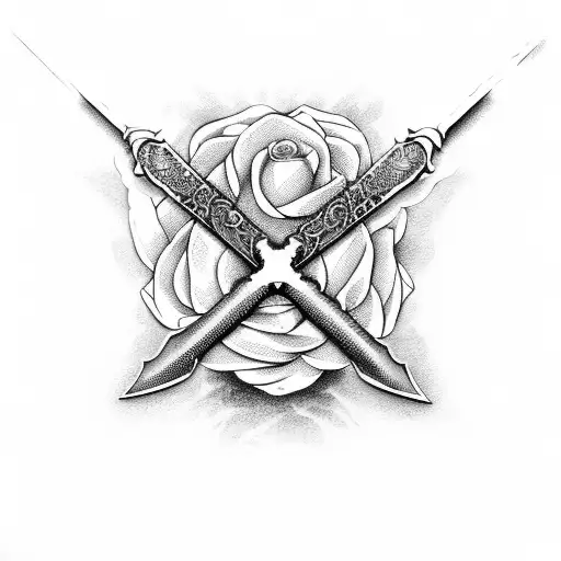 Sword in the shape of a cross stuck in a graveston with roses around it tattoo design idea