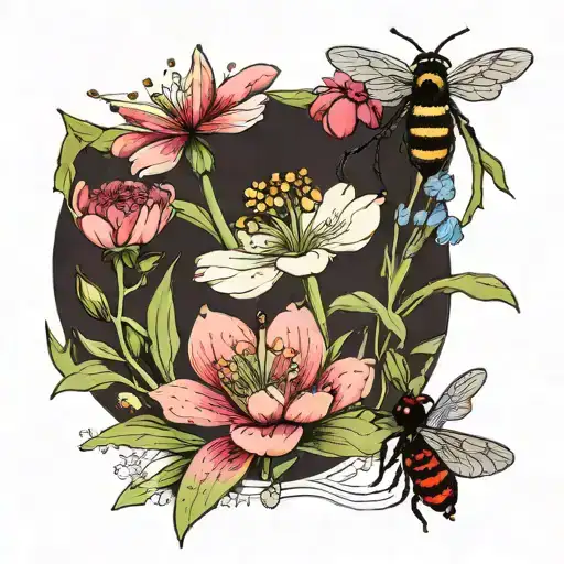 Snowdrop, Cosmos, and Peony with A bee, caterpillar, and ladybug.  I want it black and white, very feminine and dainty,  tattoo design idea