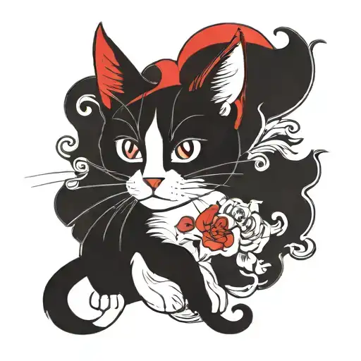 create me a tattoo with a two-tone black and white cat, a tricolor black, white and red cat, and a Siamese cat tattoo design idea