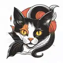 create me a tattoo with a two-tone black and white cat, a tricolor black, white and red cat, and a Siamese cat tattoo design idea