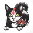 create me a tattoo with a two-tone black and white cat, a tricolor black, white and red cat, and a Siamese cat tattoo design idea