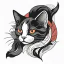 create me a tattoo with a two-tone black and white cat, a tricolor black, white and red cat, and a Siamese cat tattoo design idea