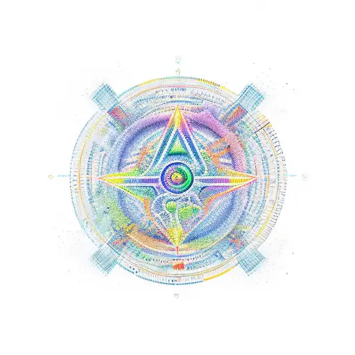 A holistic symbol merging different trading symbols and philosophical quotes in a new-school style tattoo design idea